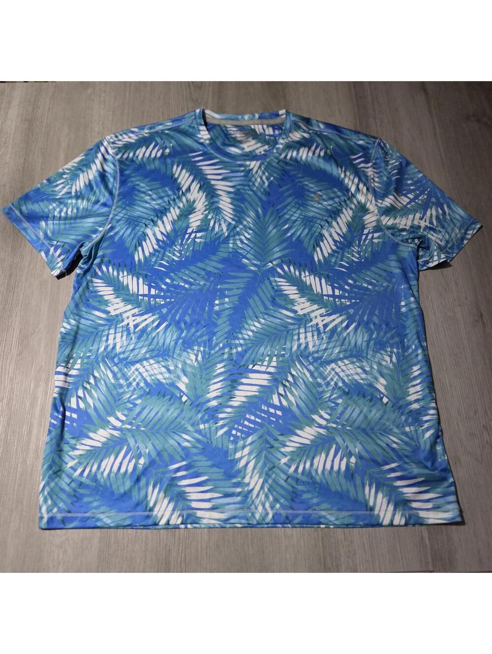 Mens XL Reel Legends Preformance Shirt Short Sleeve Blue Green Foral Palm Print